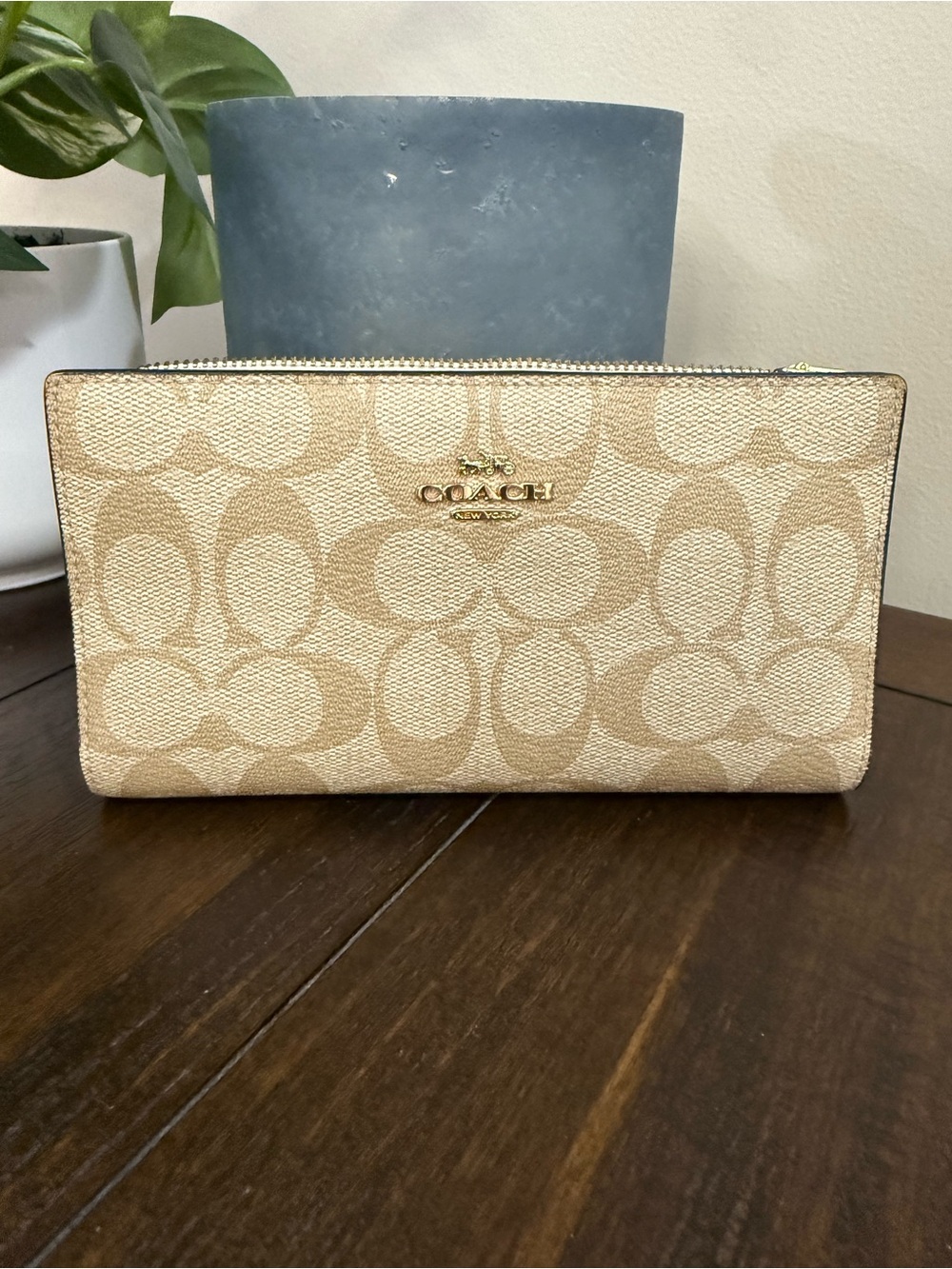 Coach Beige Signature Zip Wallet with Gold Logo